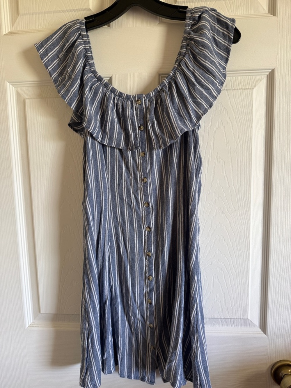 American Eagle Outfitters Blue and White Striped Ruffle Off-Shoulder Dress